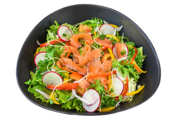 Salmon salad with radish, arugula,  and tomatoes isolated on white background