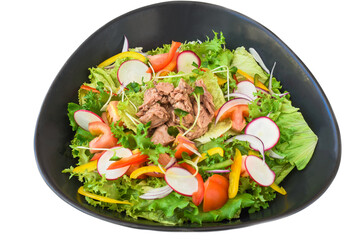 Tuna salad with radish, arugula,  and tomatoes isolated on white background