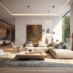 Modern luxury interior background with panoramic windows,Design living room,AI generated.