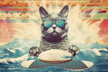 Fototapeta na wymiar funny cat, king of surf, pop style surreal collage, generative ai illustration