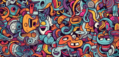 Fototapeta premium colorful graffiti pattern banner background, with funny group monsters, generative ai illustration