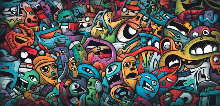 colorful graffiti pattern banner background, with funny group monsters, generative ai illustration