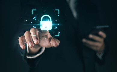 Cyber security network. Businessman touching virtual master key to input and access password for...