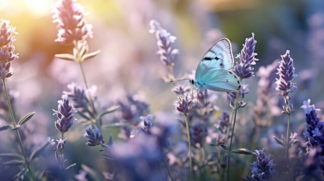 A butterfly flies over lavender flowers and grass , Generative AI	