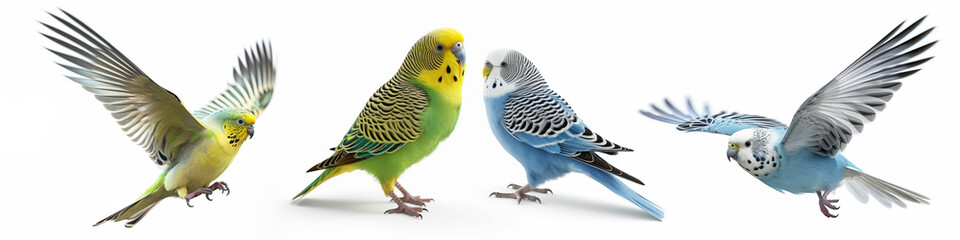 Animals pets budgies birds banner panorama long - Collection of cute sitting and flying budgie (melopsittacus undulatus) bird, isolated on white background, Generative Ai - obrazy, fototapety, plakaty