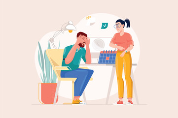 Deadline yellow concept with people scene in the flat cartoon design. The manager reminds the employee of the deadline and asks to perform the job faster. Vector illustration.