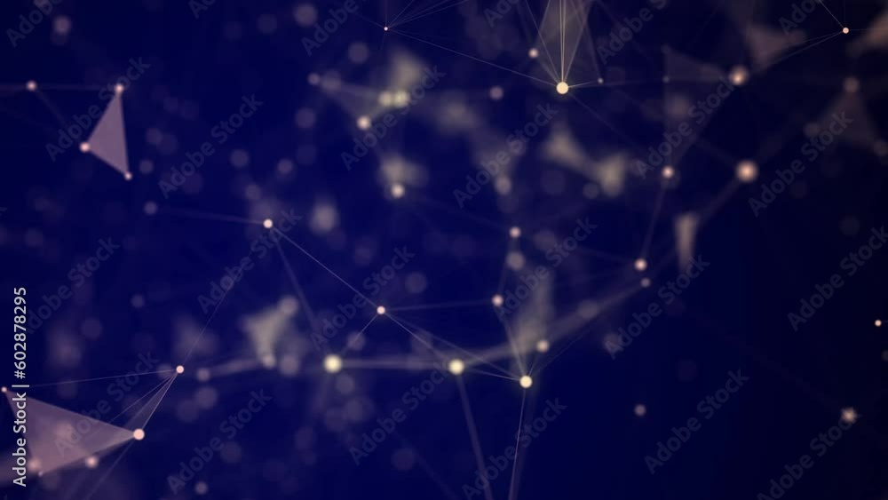 Poster futuristic geometric flow with connecting points and lines. abstract orange particles on blue digita