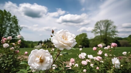 Obraz na płótnie Canvas A delicate spring border, a blooming rose bush with pink roses in the foreground, out of focus rose hips in the background, a soft blue sky creating a dreamy mood, Generative AI
