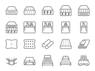 Mattress icon set. It included the bed, pillow, material, sleep, and more icons.
