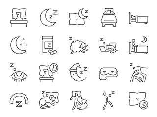 Sleep icon set. It included the bed, pillow, sleepy, daydreaming, night, and more icons.
