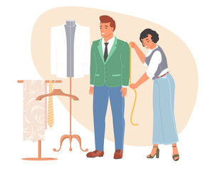 Woman seamstress taking measurement of man client vector illustration