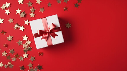 Christmas composition. Gift box, christmas decorations on red background. Flat lay, top view, copy space