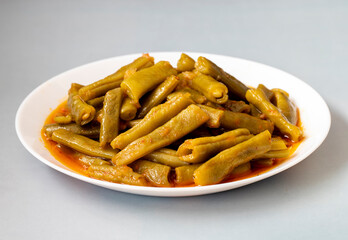 Traditional delicious Turkish food; Green beans with olive oil; Turkish name; Zeytinyagli taze fasulye
