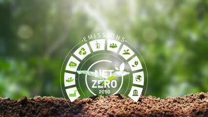 Net zero and carbon neutral concept Net Zero icon on growing seedlings for the target of net zero greenhouse gas emissions Long-term, climate-neutral strategy on a green background. - obrazy, fototapety, plakaty
