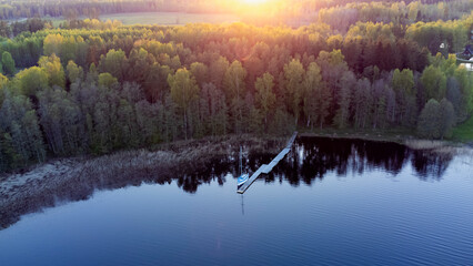 Scenic sunset at Usma lake, Latvia. Aero view