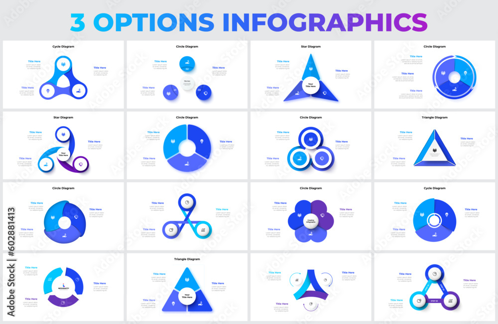 Poster Big set of vector triangles, circles and other elements for infographic with 3 options