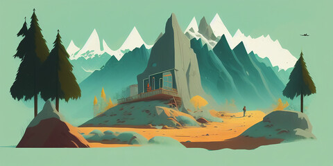 landscape with mountains and illustration