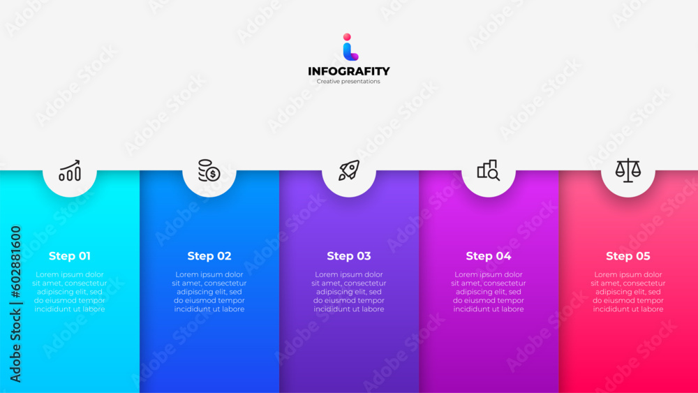 Poster Five rectangular elements with circles and icons. Concept of business model with 5 steps or options. Infographic design template