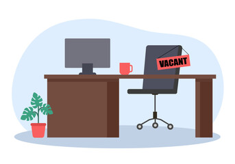 Vacant chair and office desk in flat design. Recruitment. We are hiring.