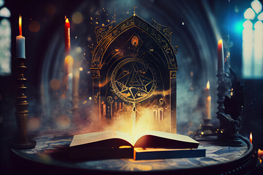 fortune telling, spiritualism seance by crystal globe under candle light Generative AI