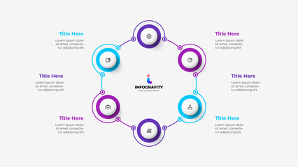 Diagram with six circles connected by thin lines. Template for cycle business presentation. Vector infographic design illustration with 6 options