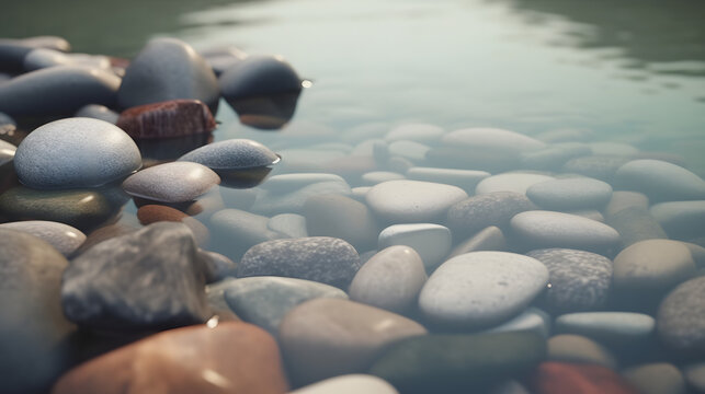 Serene background with Pebbles Submerged in Water: Photorealistic Nature. Close-Up View of Vibrant Stones in a Stream or River, Embracing the Beauty of Nature