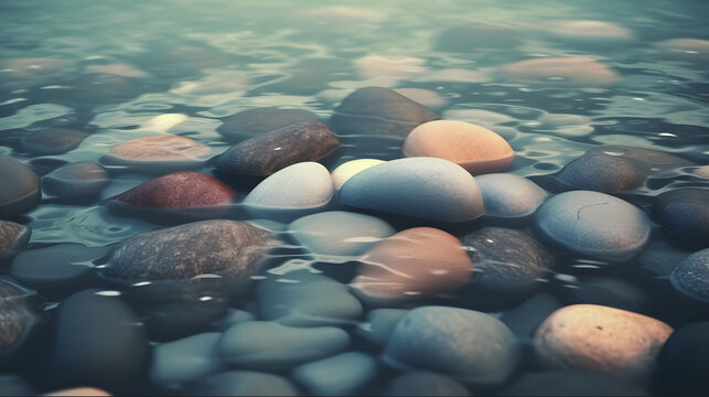 Colorful Pebbles Submerged in a Stream or River: Photorealistic Nature Background. Close-Up View of Vibrant Stones in the Water, Embracing the Beauty of Nature