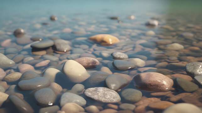 Colorful Pebbles Submerged in Water: Photorealistic Nature Background. Close-Up View of Vibrant Stones in a Stream or River, Embracing the Beauty of Nature