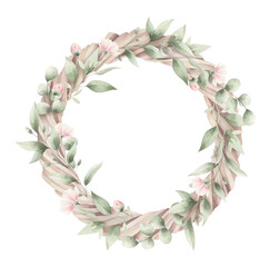 Watercolor wreath of flowers isolated. Easter wreath with flowers.