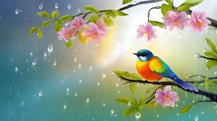 A spring rain scene, raindrops falling on the blooming flowers, a rainbow appearing in the sky, a small bird perched on a branch, capturing the freshness and renewal of the season, Generative AI