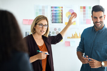Presentation board, audience and business people planning, teamwork or brainstorming creative...