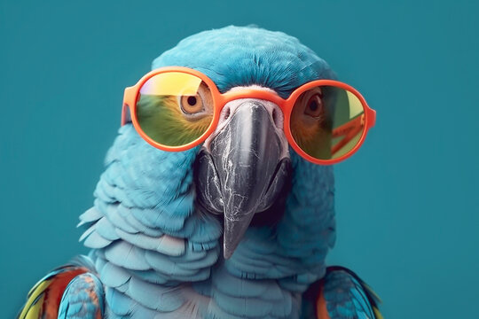 Colorful parrot in sunglasses on blue background close-up, created with Generative AI technology.