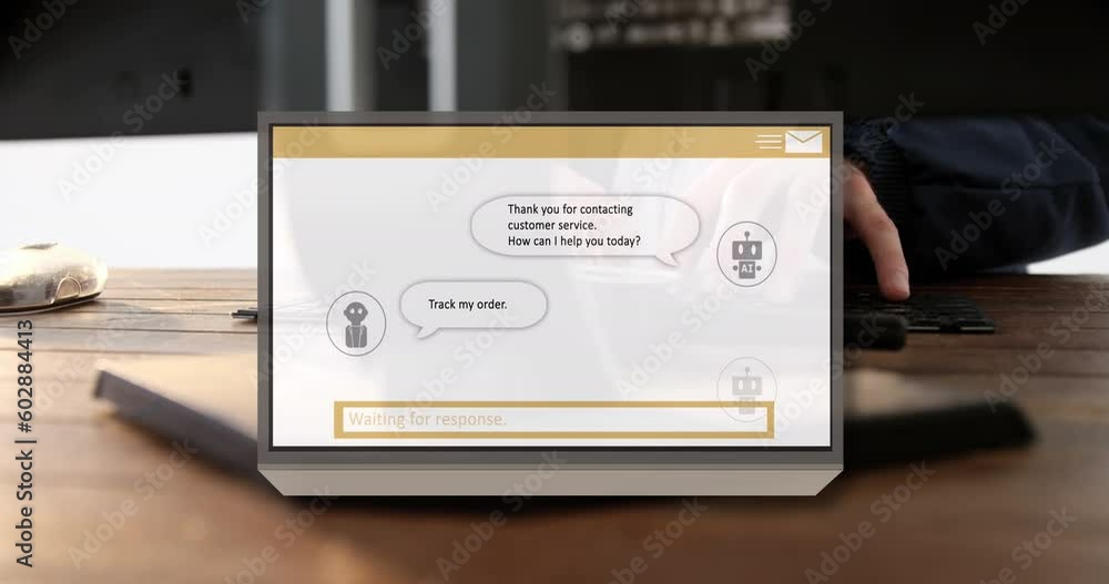 Poster animation of ai text, icons and data processing over caucasian man using computer