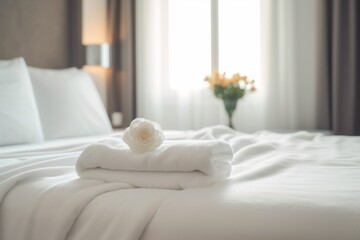 bedchamber welcome modern spa comfortable towel flower bed window bath. Generative AI.