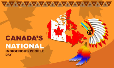 Canada map with Indigenous war bonnets or headdresses and 2 colorful bird feathers and maple leaf background and bold text commemorating Canada's National Indigenous Peoples Day on June 21

