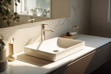 Naklejka na ściany i meble interior decor house modern bathroom sunlight luxury sink design counter faucet. Generative AI.