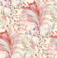 Seamless pattern with herbs and pampas grass and dried flowers painted for textile