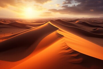 Obraz na płótnie Canvas The Sahara desert stretches endlessly, its dramatic landscape captivating the senses. Vast dunes rise and fall, sculpted by the wind. Generative AI