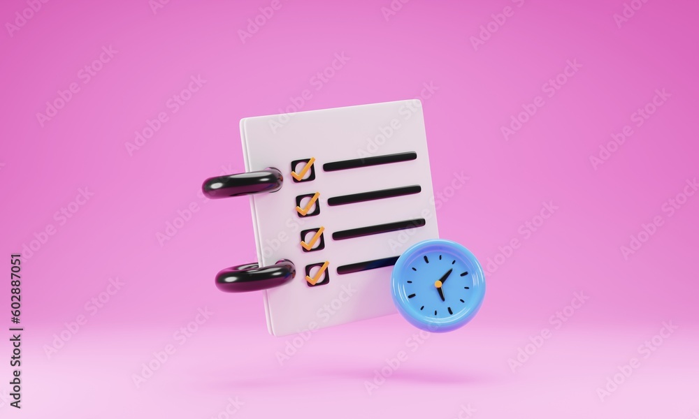 Poster paper sheet with blue clock icon isolated on pink background. paper with checklist sign. 3d renderin
