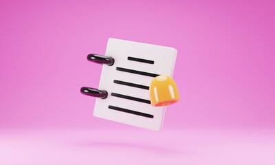 Paper sheet with yellow bell icon isolated on pink background. 3d rendering illustration