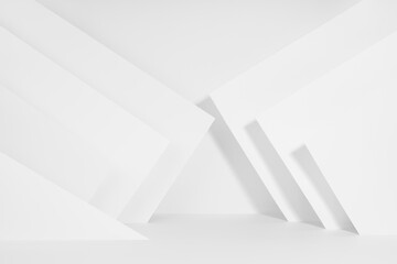 Geometric abstract white stage mockup with lines and angles in hard light with shadow in simple contemporary graphic style for presentations cosmetic products or goods, design.