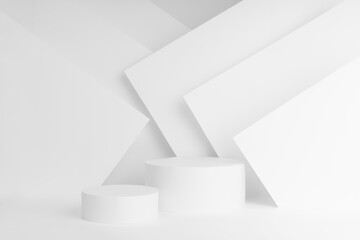 Geometric abstract fashion white stage for presentations cosmetic products, goods, design - two cylinder podiums mockup with soft light  lines, angles in simple urban graphic style.