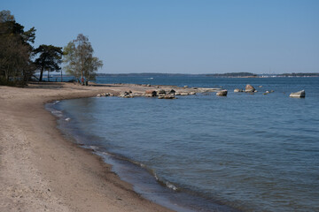 Helsinki archipelago island Pihlajasaaren with woods, trees, rocky sandy beaches and spectacular...