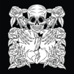 Skull Heart Flower Black and White Illustration