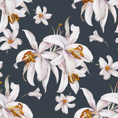 Bouquet of lilies on a black background.  Seamless watercolor pattern