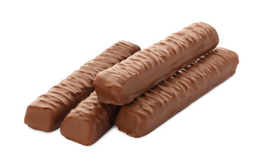 Sweet tasty chocolate bars on white background