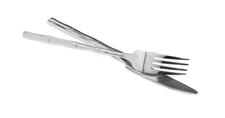 Fork and knife isolated on white. Stylish shiny cutlery set