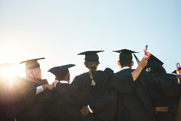 Group, students and graduation for college or university friends together with blue sky mockup. Men...