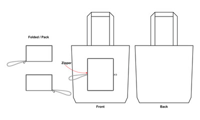 White foldable tote bag with zipper template on white background. Front and back view, vector file
