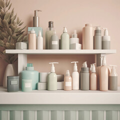 Pastel Beauty Haven: Bathroom Shelf with Assorted Cosmetic and Body Care Products. Mockup of Pastel-Colored Packaging on an Indoor Background, Created by Generative AI